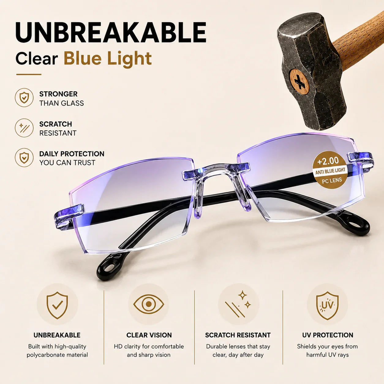 Buy 1 Get 1 Free - Rimless One Power Reading Glasses
